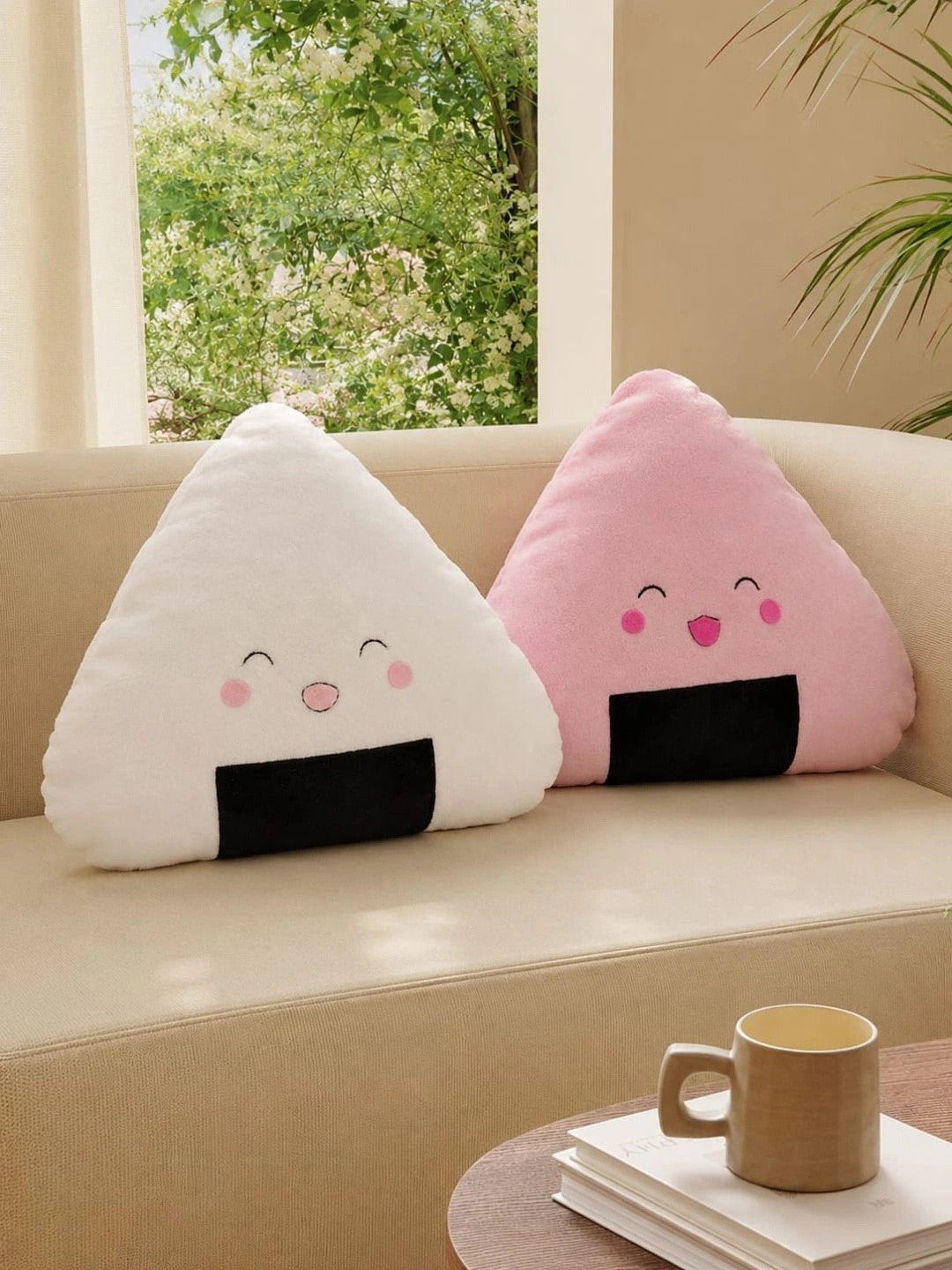 Pink & white printed floor cushions, set of 2