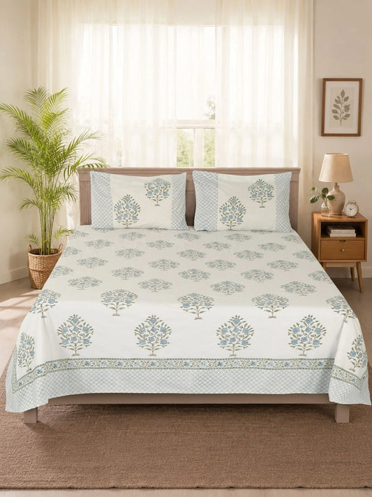 White & blue floral king bedsheet