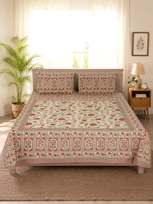 Beige & red floral king bedsheet