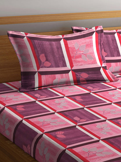 Navy blue geometric cotton queen bedsheet, navy blue & peach