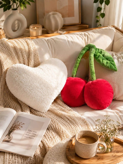Red & white cotton plush cherry & heart shaped cushion, set of 2
