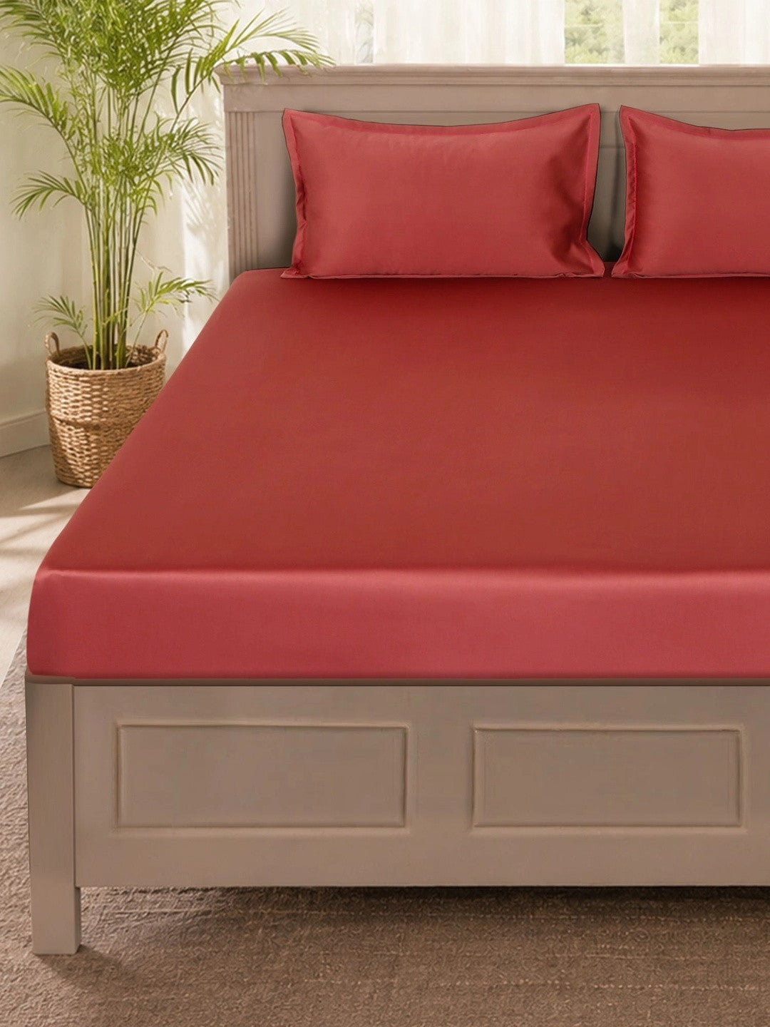 Red solid king size satin bedsheet, maroon