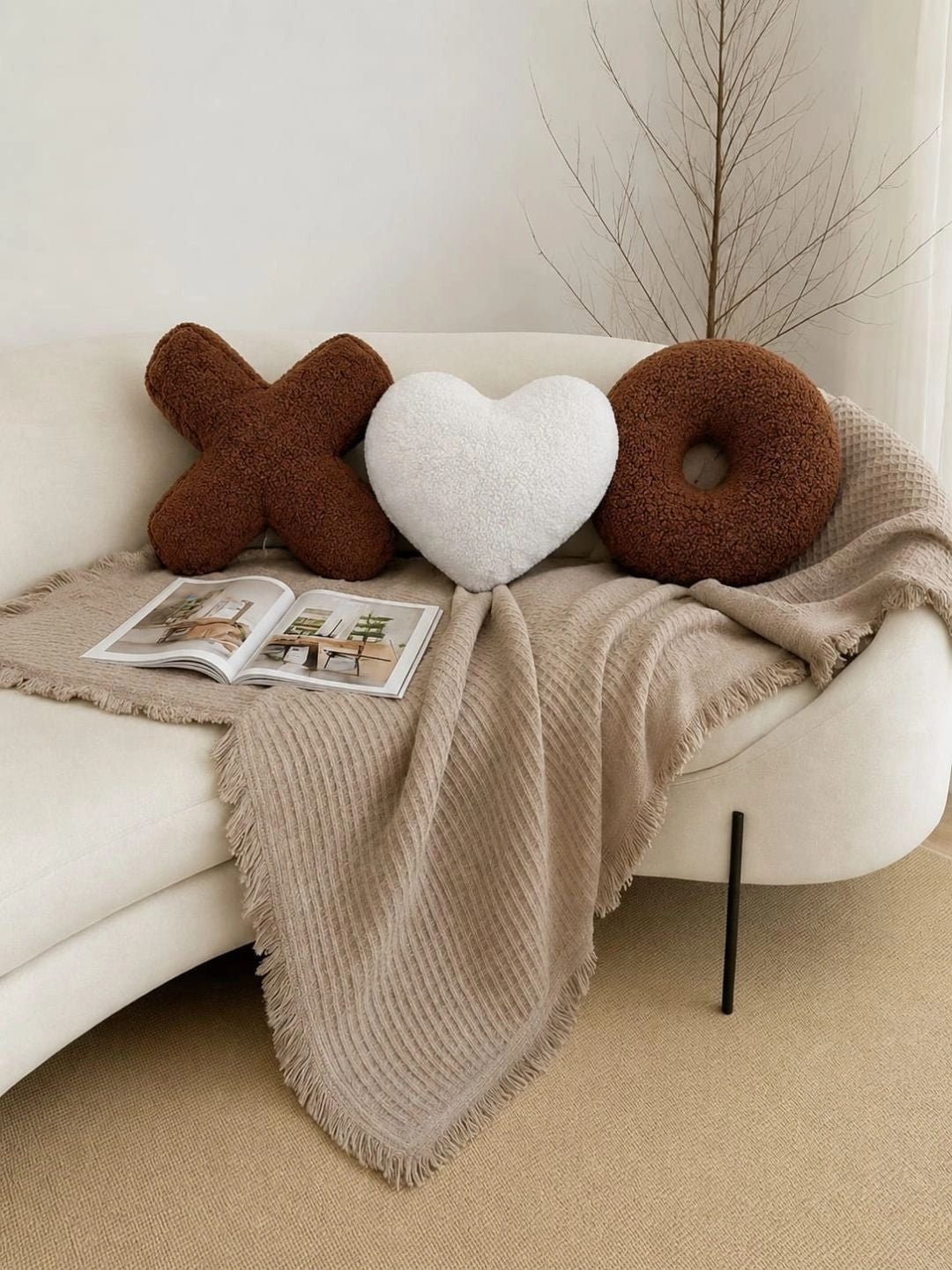 Brown & white cross heart & circle shape cushions, set of 3