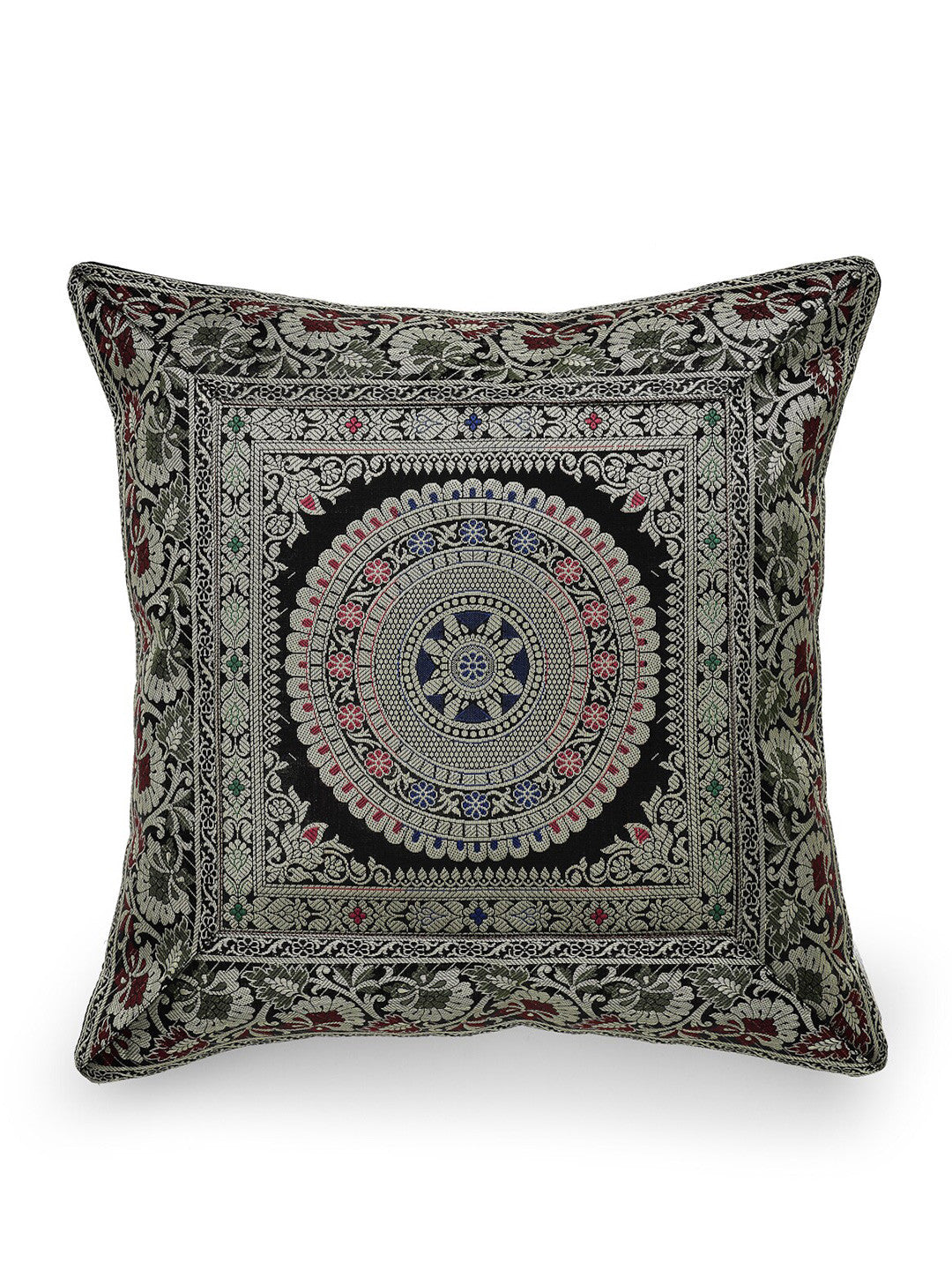 Maroon & green ethnic motifs brocade square shaped cushion covers, set of 2, marron & green
