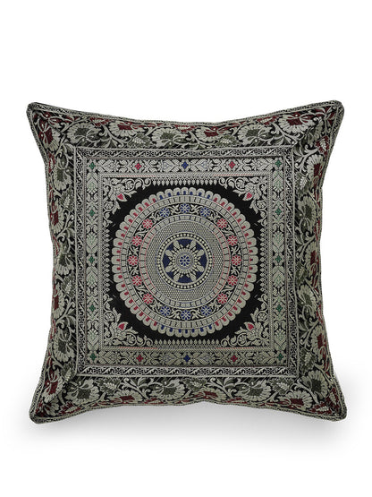 Maroon & green ethnic motifs brocade square shaped cushion covers, set of 2, marron & green