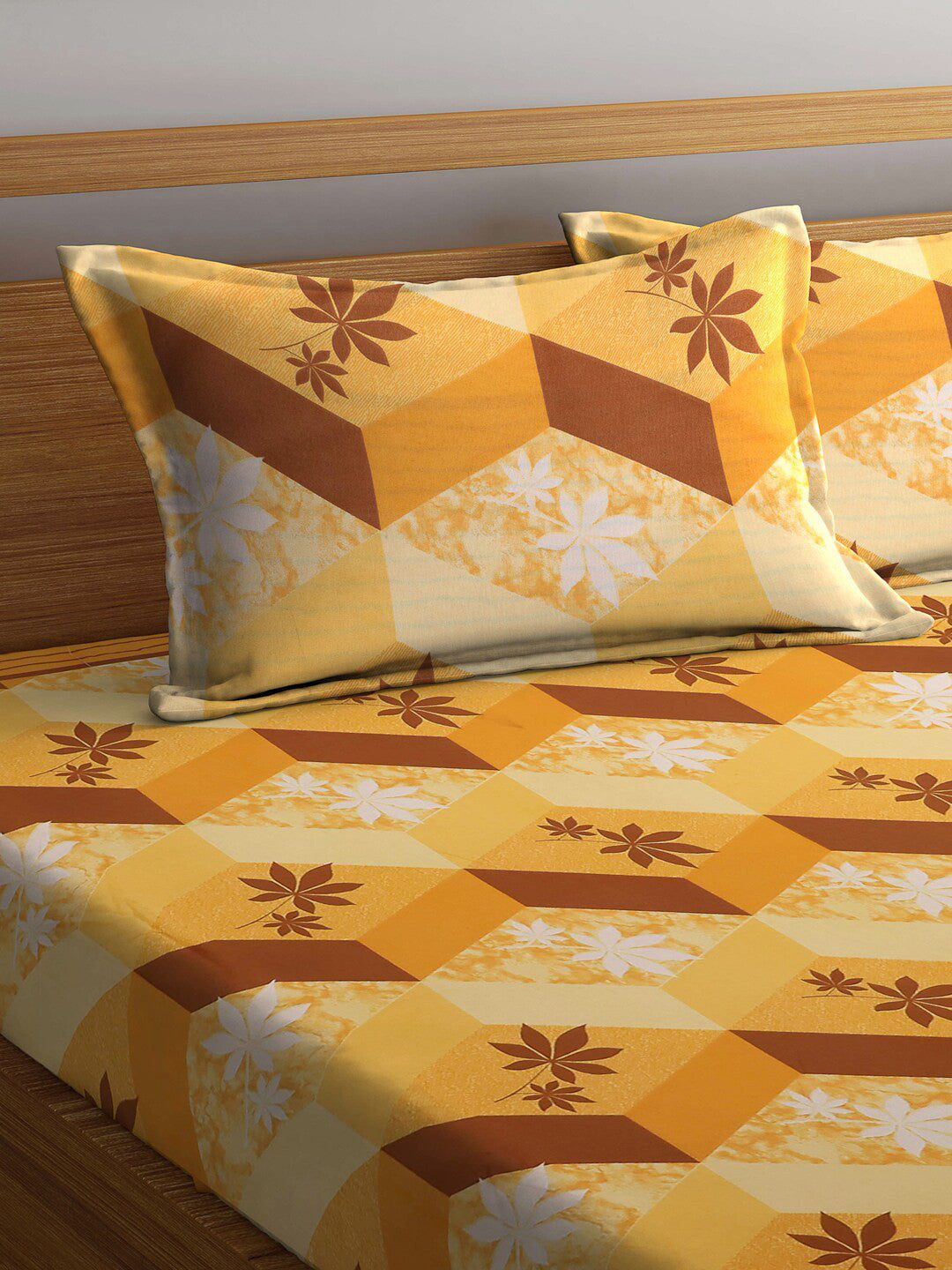 Yellow floral cotton queen bedsheet, yellow & brown & white