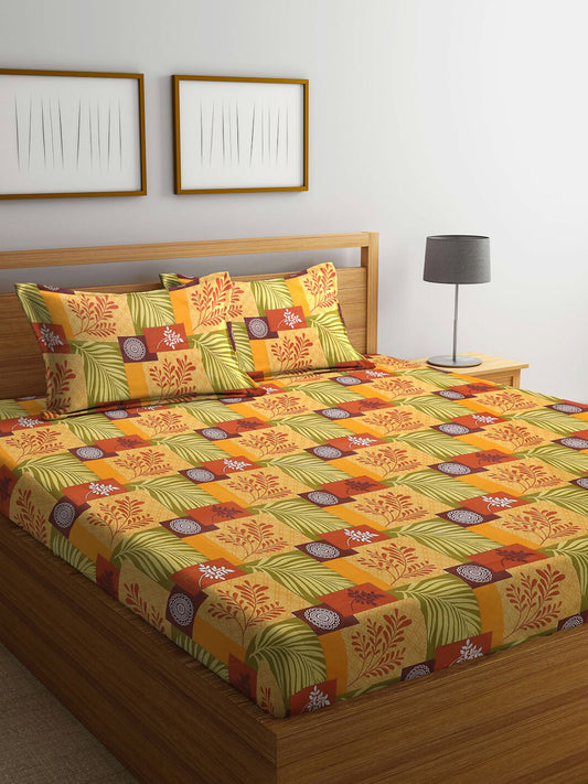 Yellow leaf cotton queen bedsheet, yellow & red