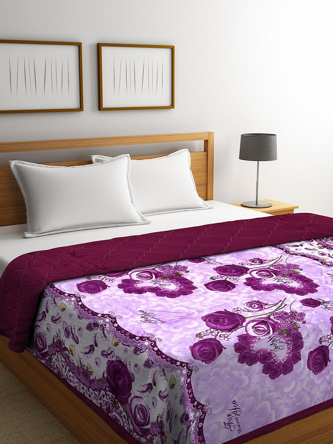 Purple & white floral printed double bed quilt
