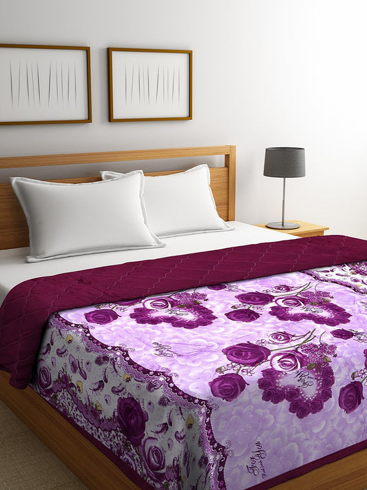 Purple & white floral printed double bed quilt