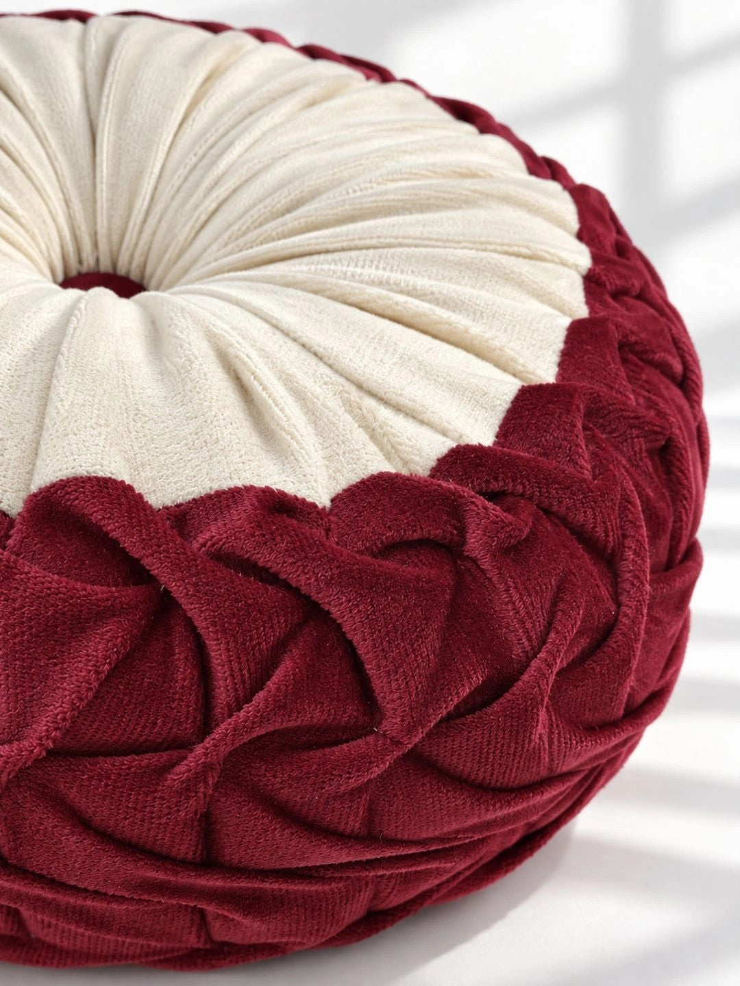 Maroon round floor cushions, set of 2