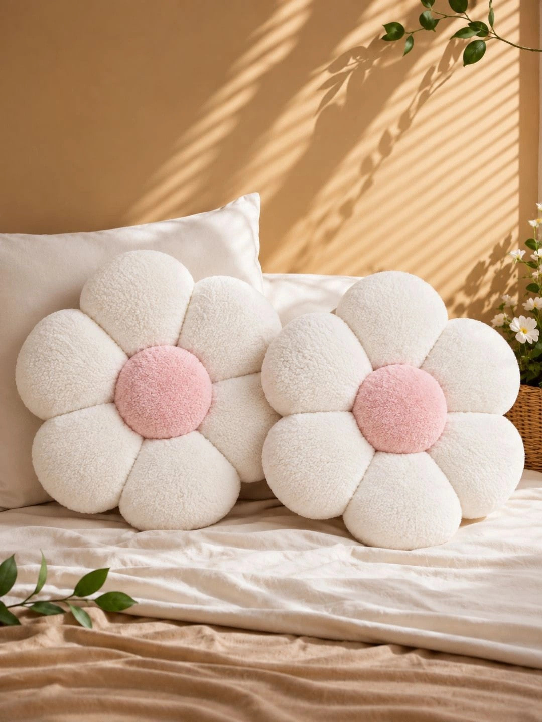 White & pink flower shape cushion, set of 2