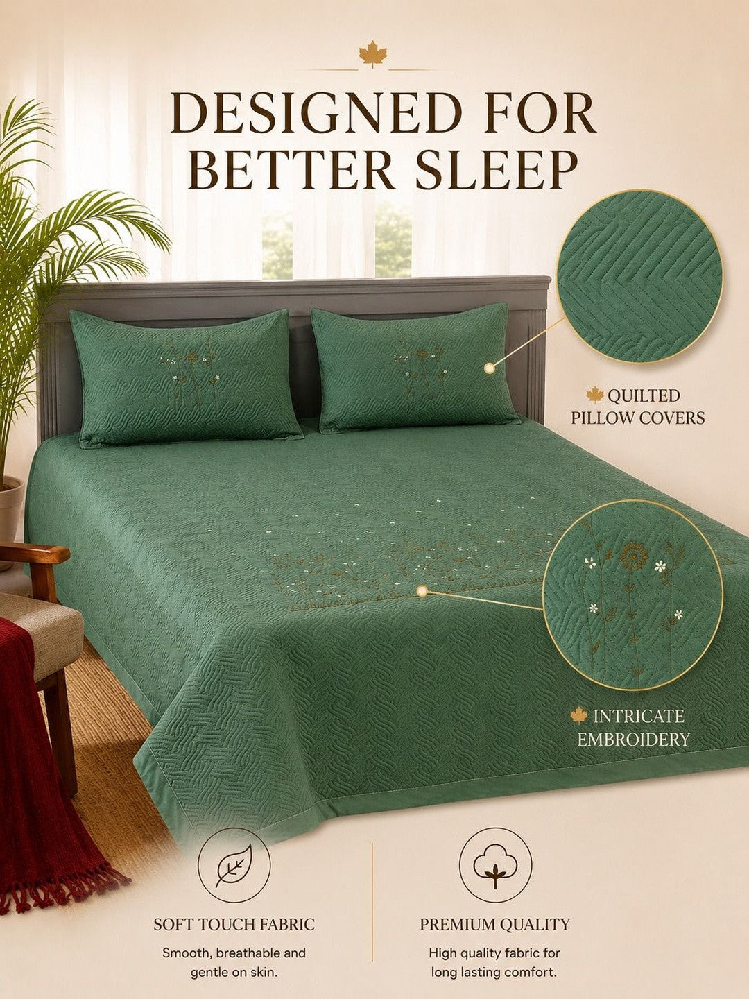 Green floral cotton double bed - queen bed covers, green & gold