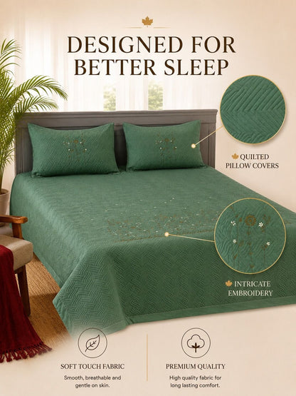 Green floral cotton double bed - queen bed covers, green & gold