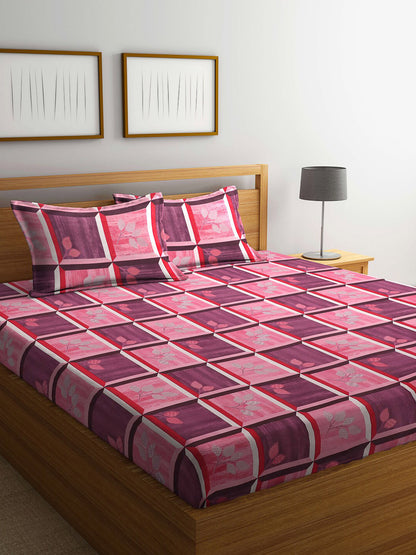 Navy blue geometric cotton queen bedsheet, navy blue & peach