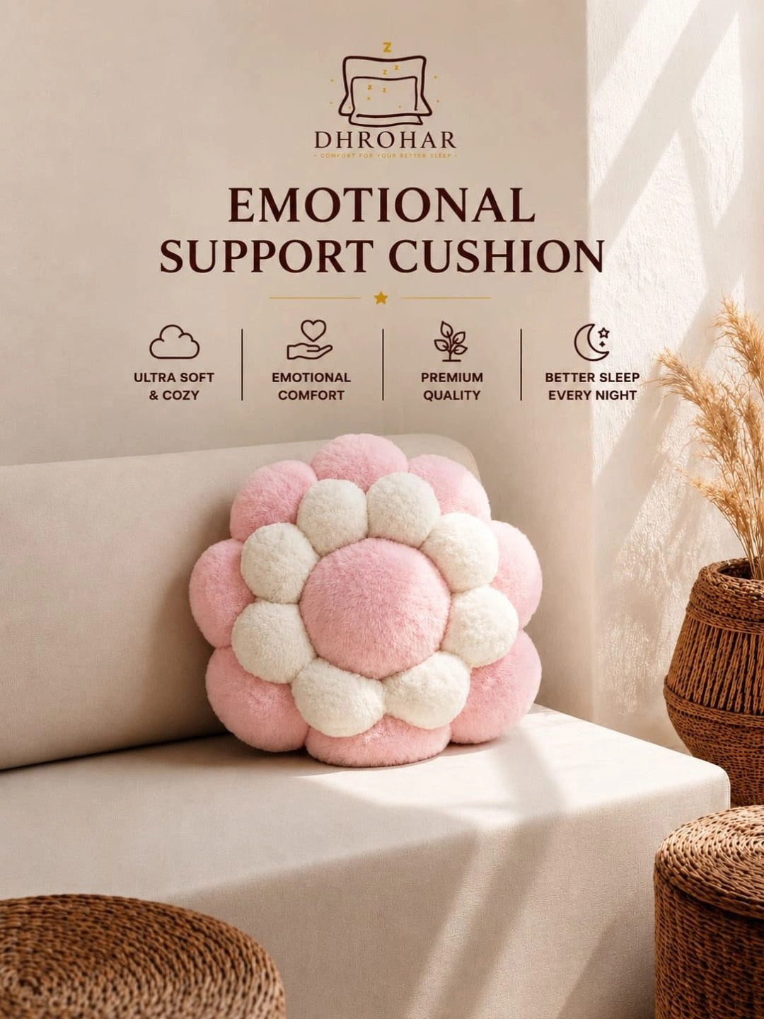Pink & white cotton round floor cushions
