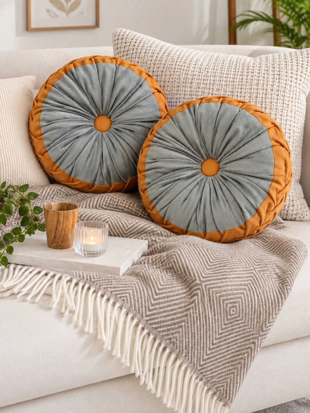 Brown round floor cushions, set of 2