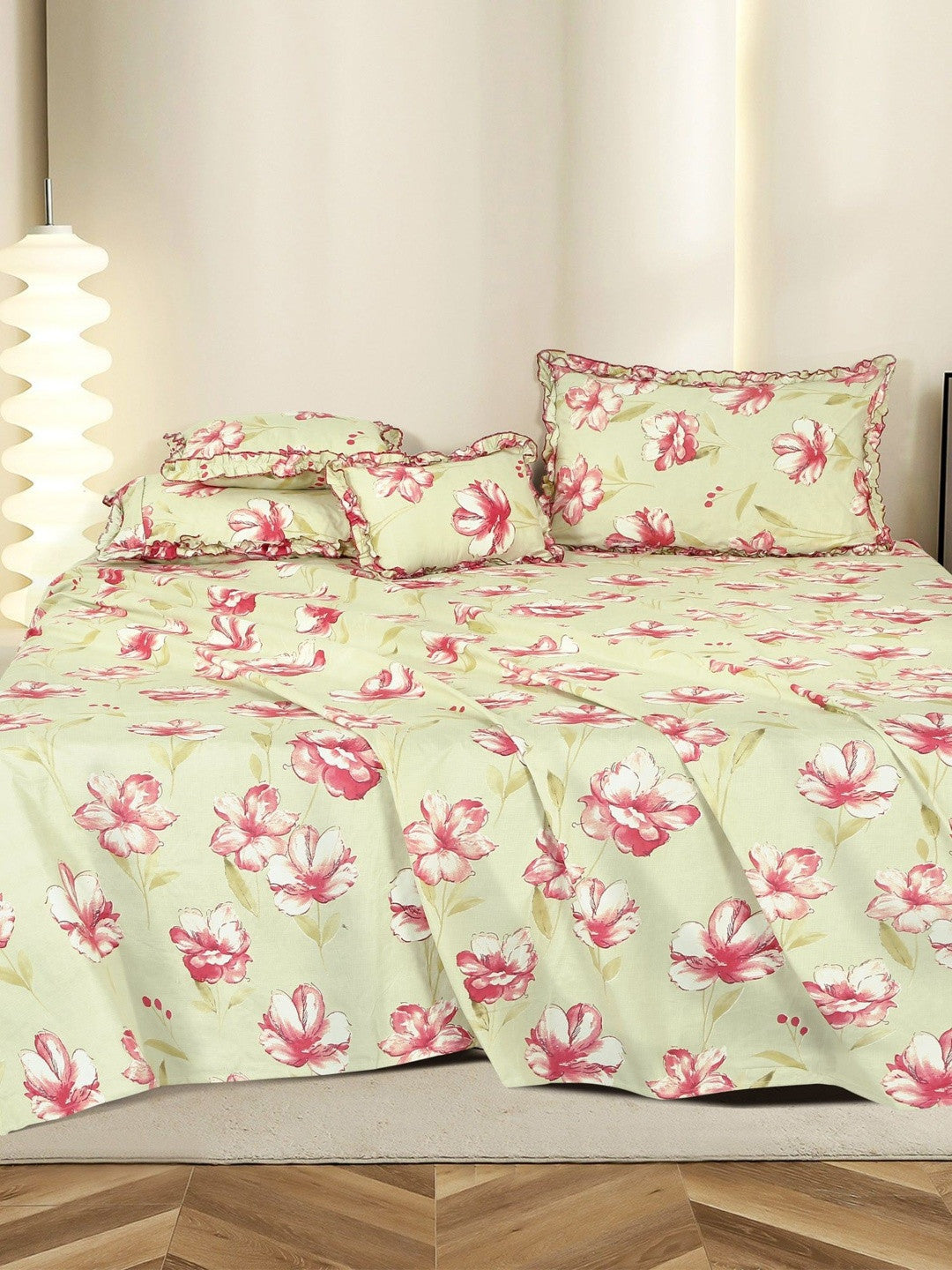Green & pink floral king bedsheet
