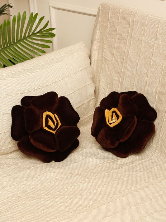Velvet rose cushions, set of 2, brown & gold