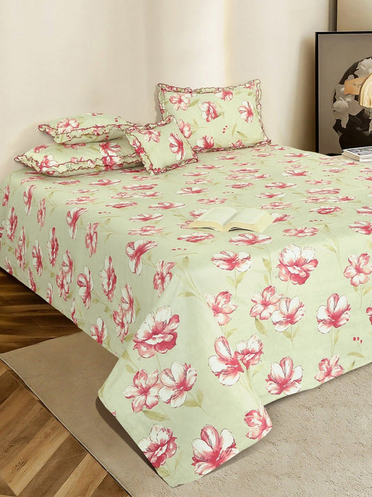 Green & pink floral king bedsheet