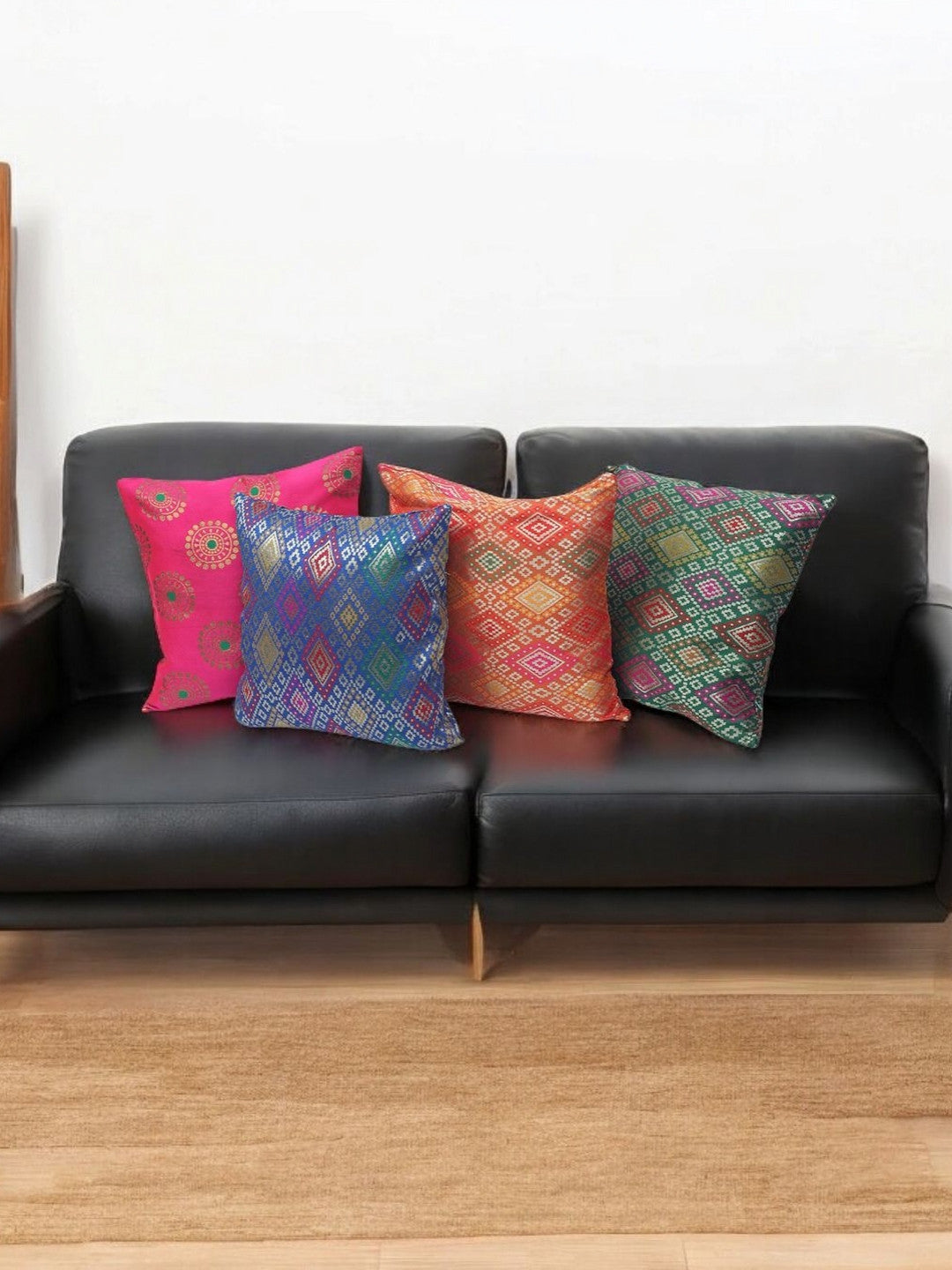 Blue & green geometric pattern silk square cushion covers, set of 4, blue & green & pink