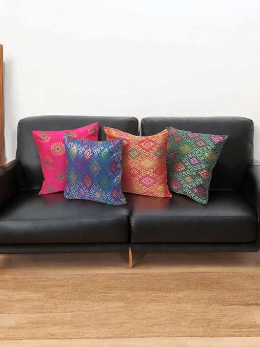 Blue & green geometric pattern silk square cushion covers, set of 4, blue & green & pink