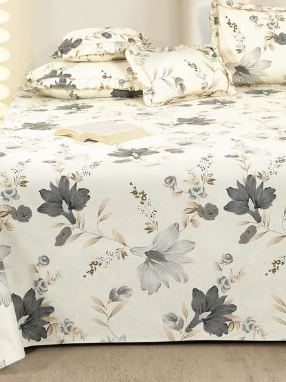 Grey printed cotton double queen bedsheet, white & grey