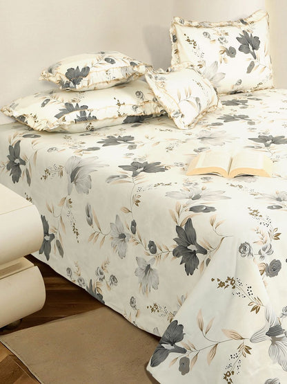 Grey printed cotton double queen bedsheet, white & grey