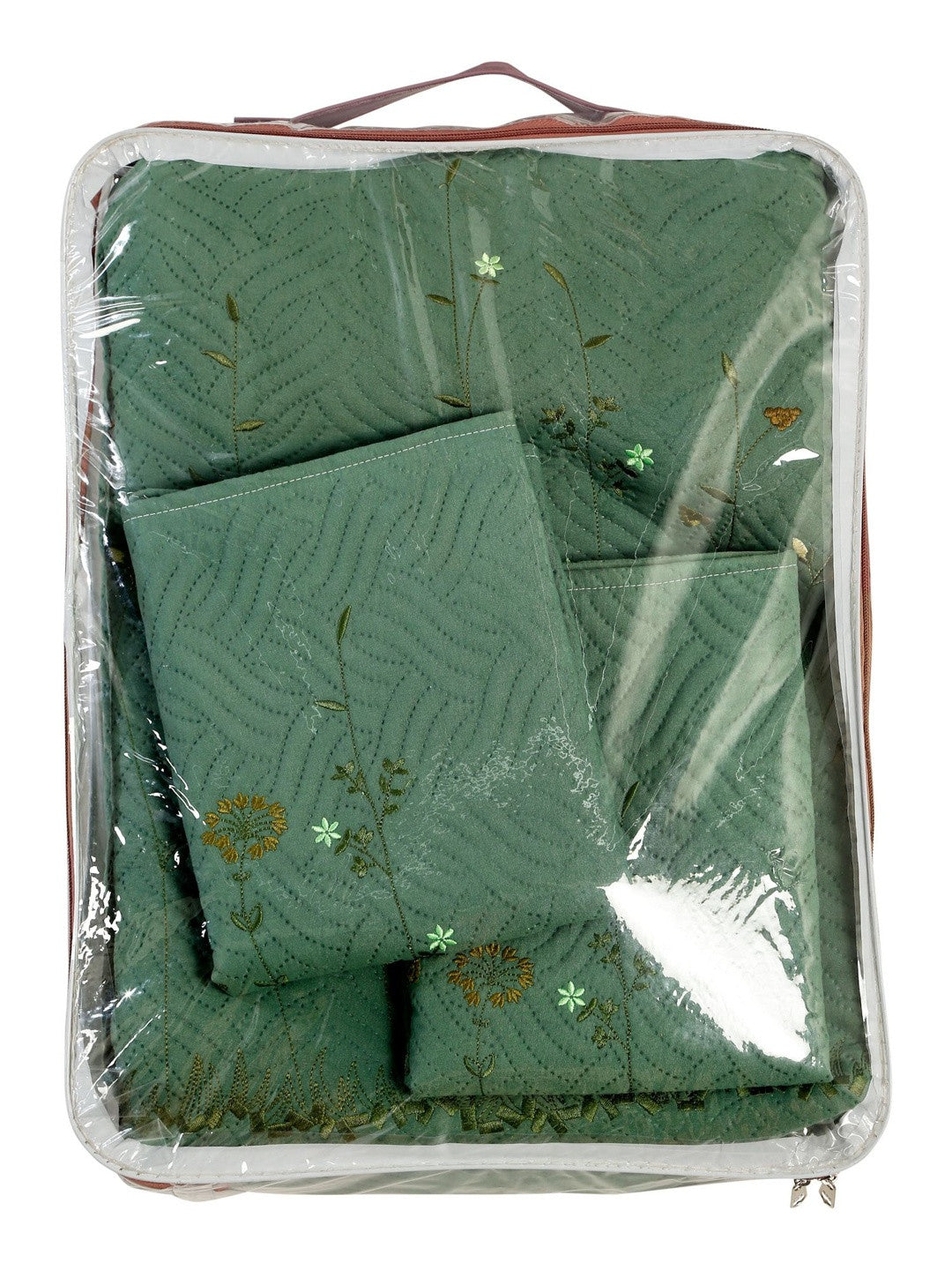 Green floral cotton double bed - queen bed covers, green & gold