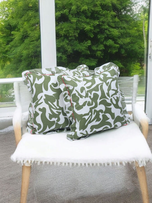 Olive green abstract printed ruffled edge square shaped cushion covers, set of 2, olive green & white