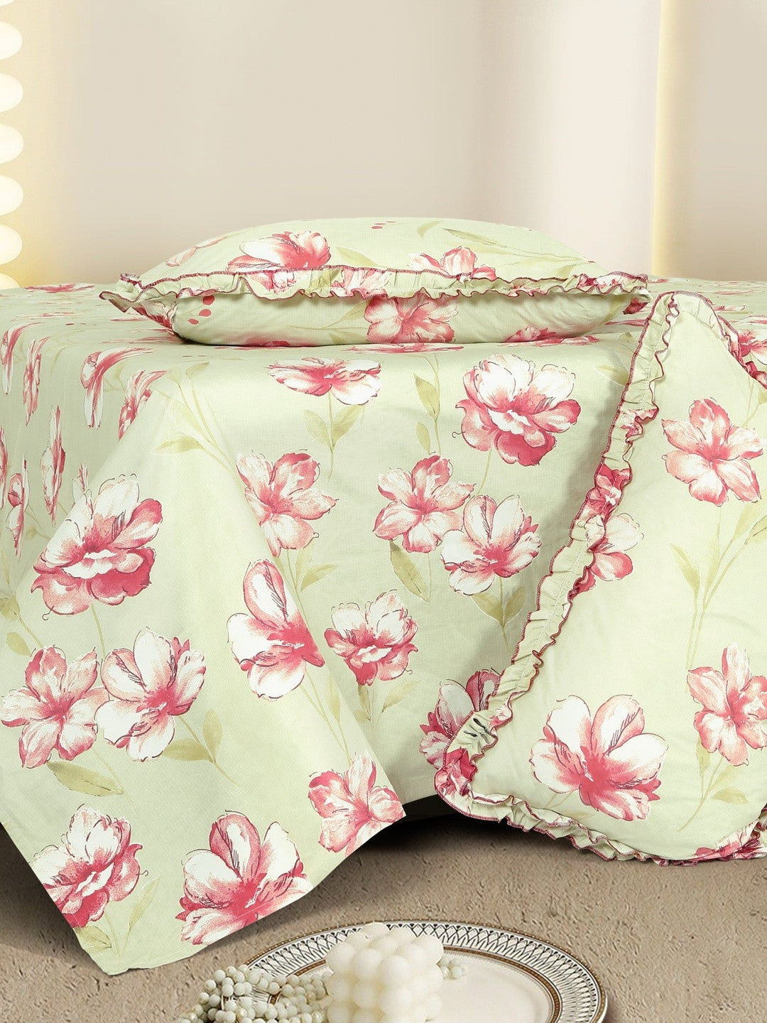 Green & pink floral king bedsheet