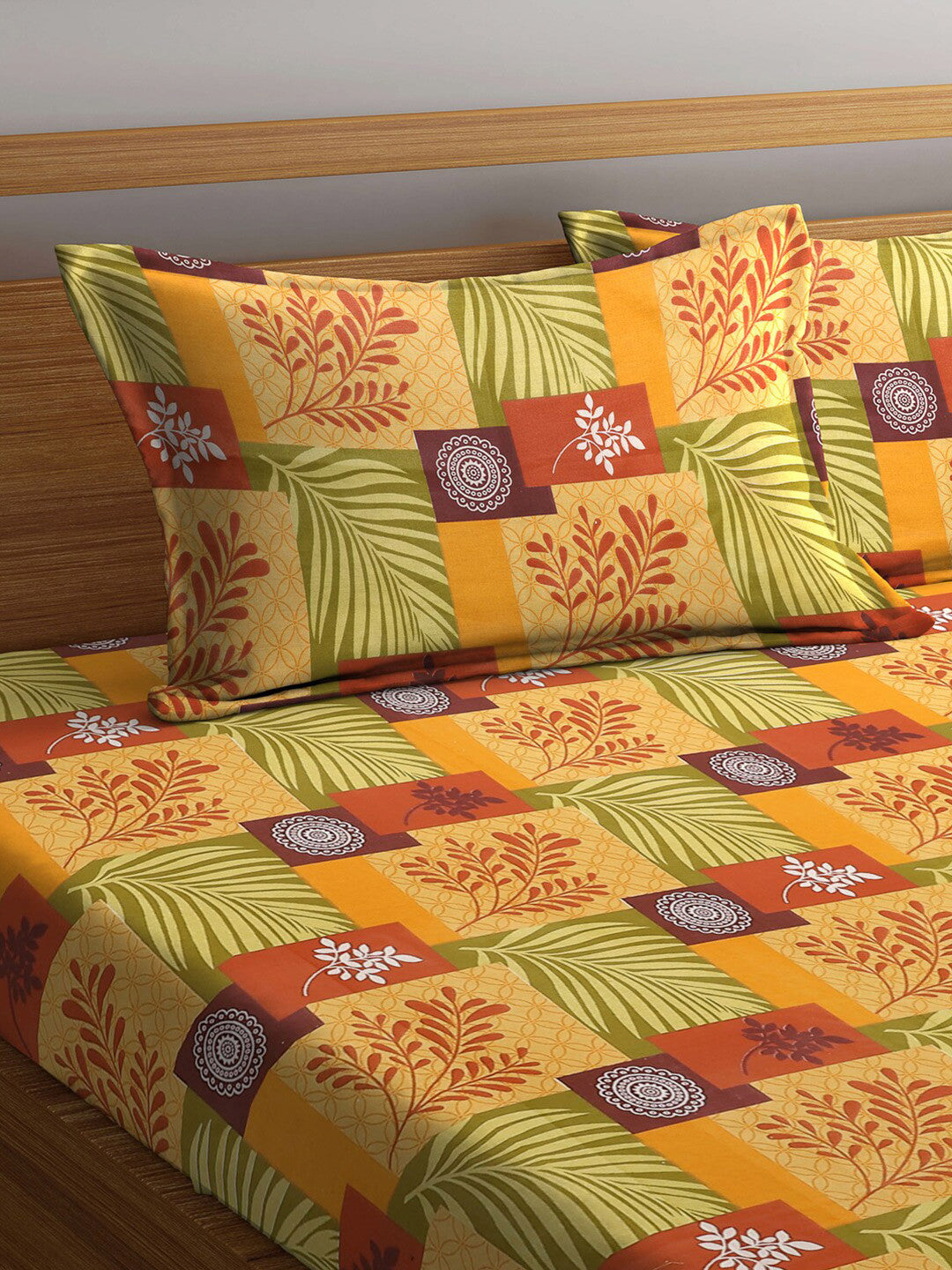 Yellow leaf cotton queen bedsheet, yellow & brown