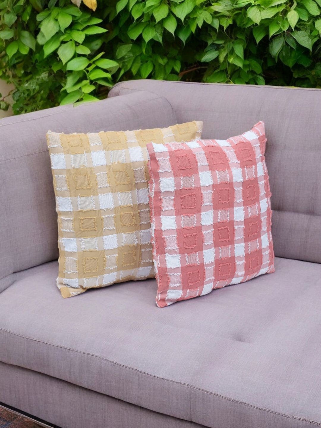 Checked textured cushion covers, set of 2, peach