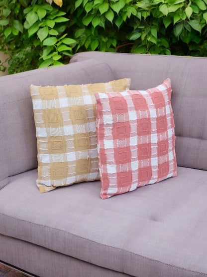 Checked textured cushion covers, set of 2, peach