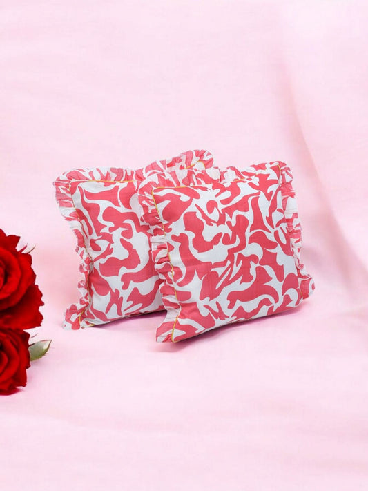 Ruffled-edge cushion covers, set of 2, pink & white