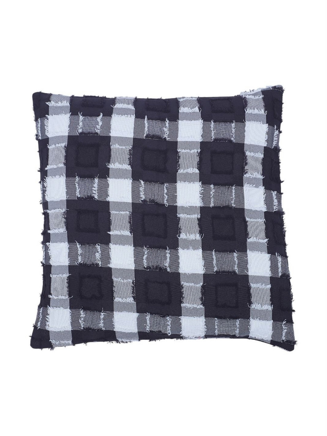 Black checked cotton blend textured square cushion covers, set of 2, black & white