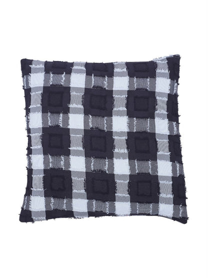 Black checked cotton blend textured square cushion covers, set of 2, black & white