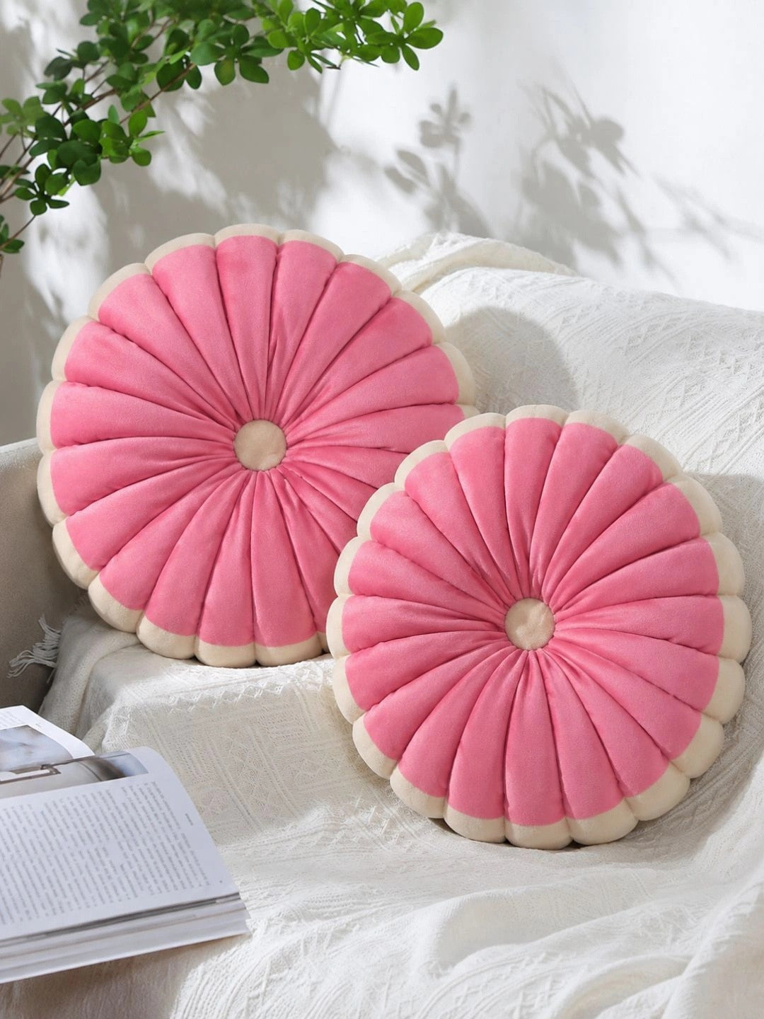 Pink velvet round pumpkin cushions, set of 2