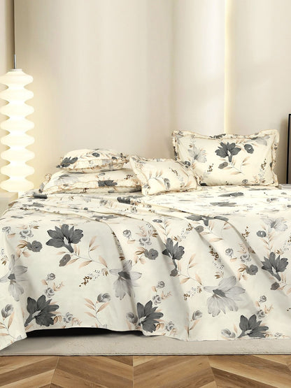 Grey printed cotton double queen bedsheet, white & grey