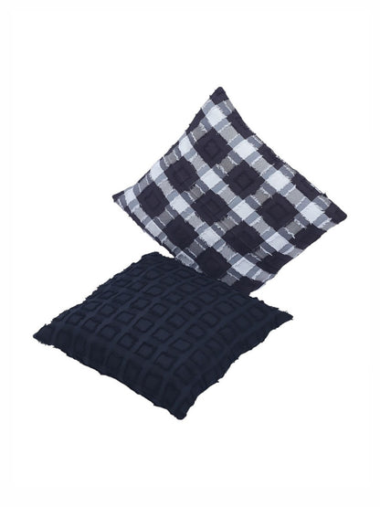 Black checked cotton blend textured square cushion covers, set of 2, black & white