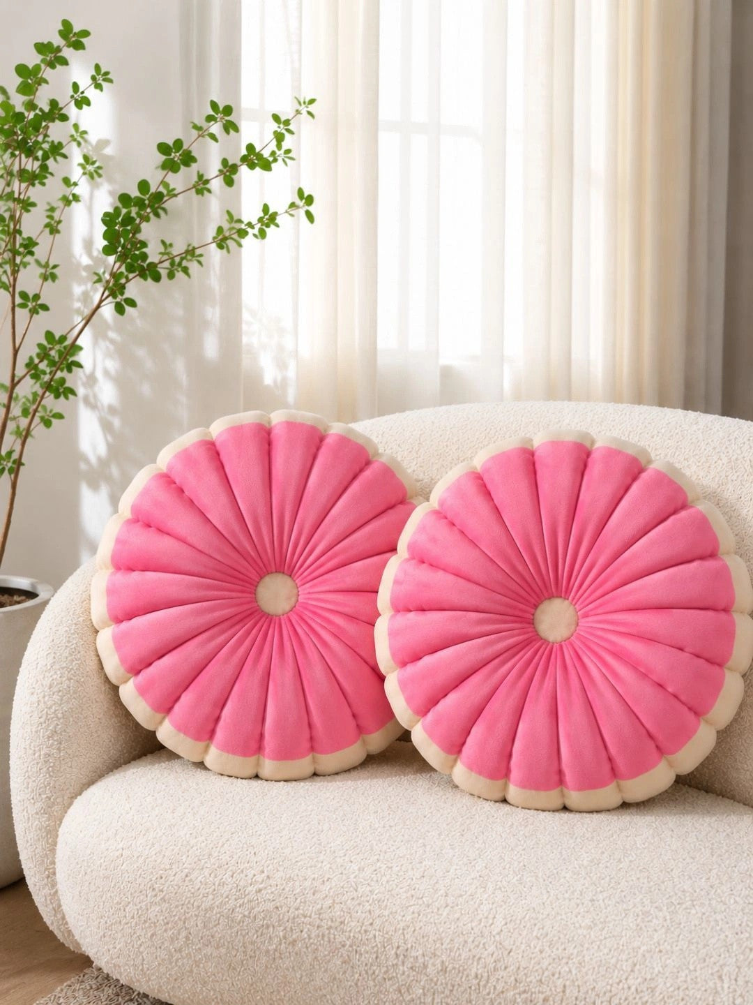 Pink velvet round pumpkin cushions, set of 2