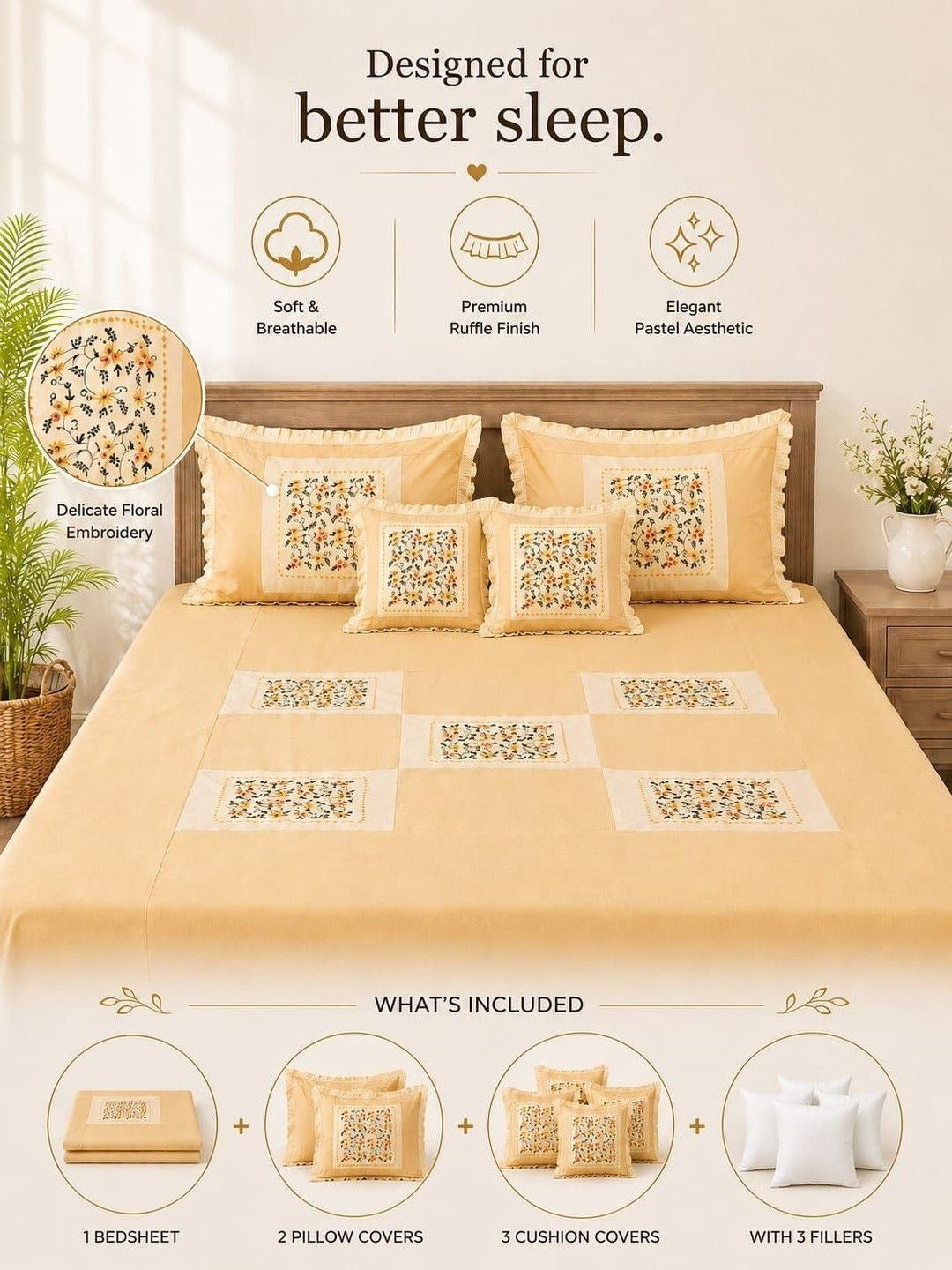 Beige floral printed cotton king bedsheet set