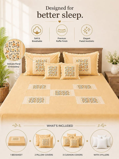 Beige floral printed cotton king bedsheet set