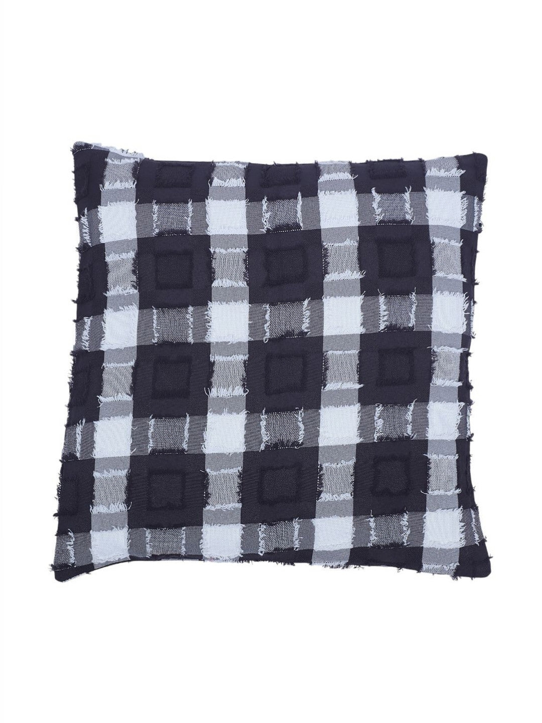 Black checked cotton blend textured square cushion covers, set of 2, black & white