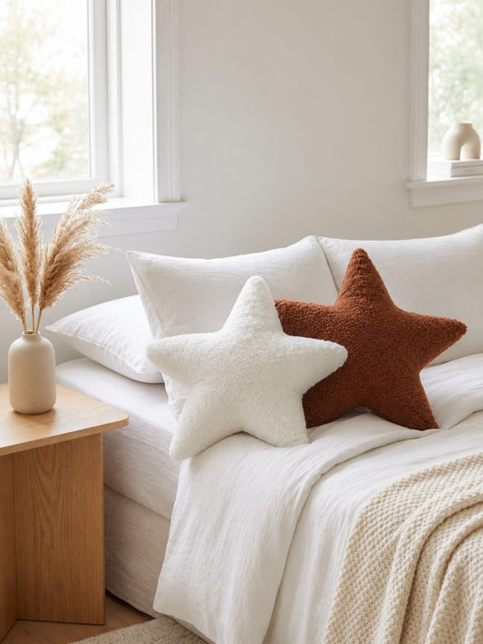 Off white & rust cotton star shape teddy plush cushions, set of 2, off white & brown