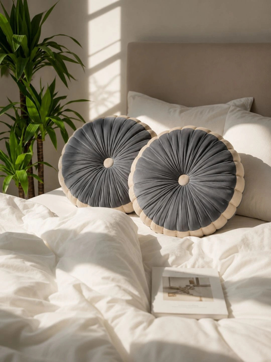 Grey velvet round pleated cushions, set of 2