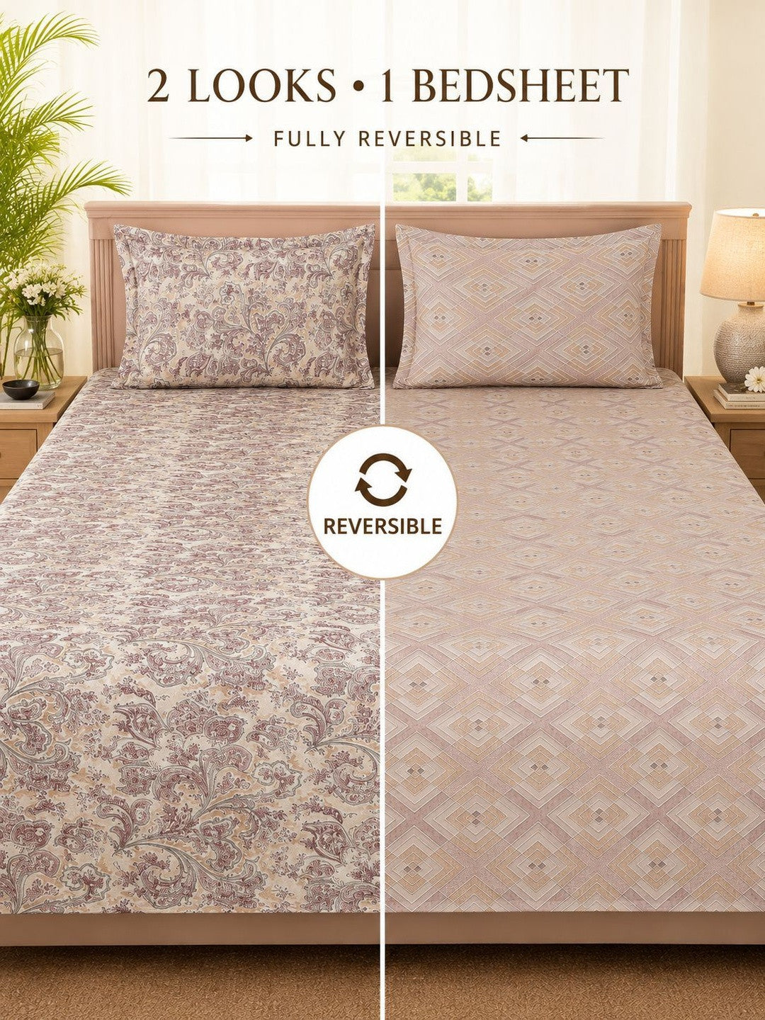 Cream-coloured & pink king bedsheet