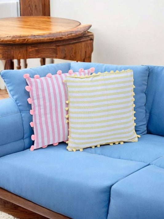 Yellow striped cotton square cushion covers, set of 2, yellow & pink & white