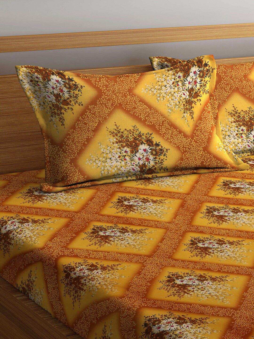 Yellow floral cotton queen bedsheet, yellow & red