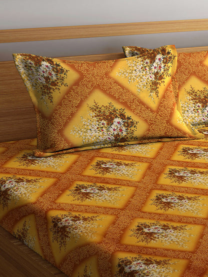 Yellow floral cotton queen bedsheet, yellow & red