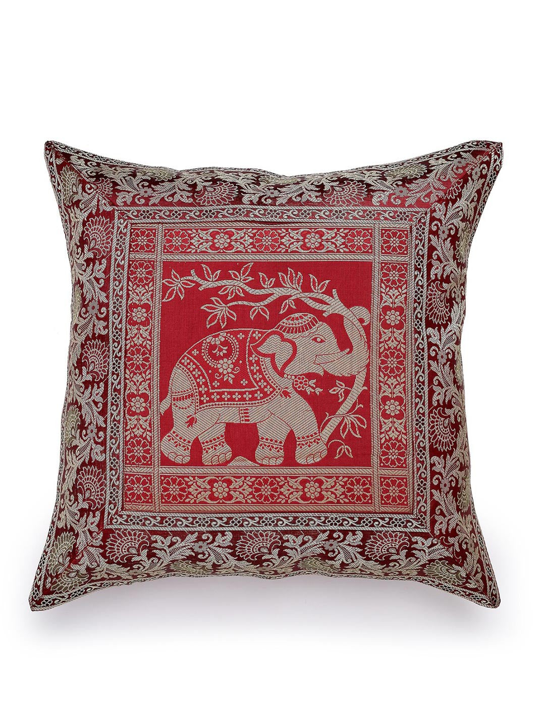 Green & red ethnic motifs brocade square shaped cushion covers, set of 2